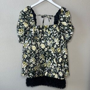 NWT ASOS Miss Selfridge Jacquard Puff Sleeve Mini Dress in Green and Gold Size 6